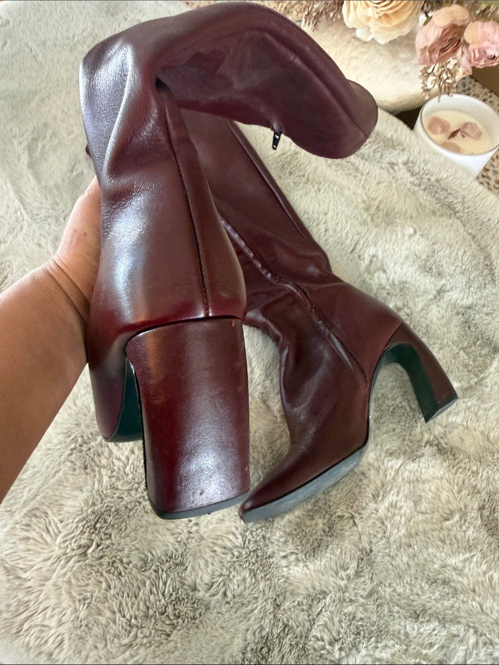 Zara Burgundy Knee-High Square-Toe Heeled Boots - Picture 4 of 5